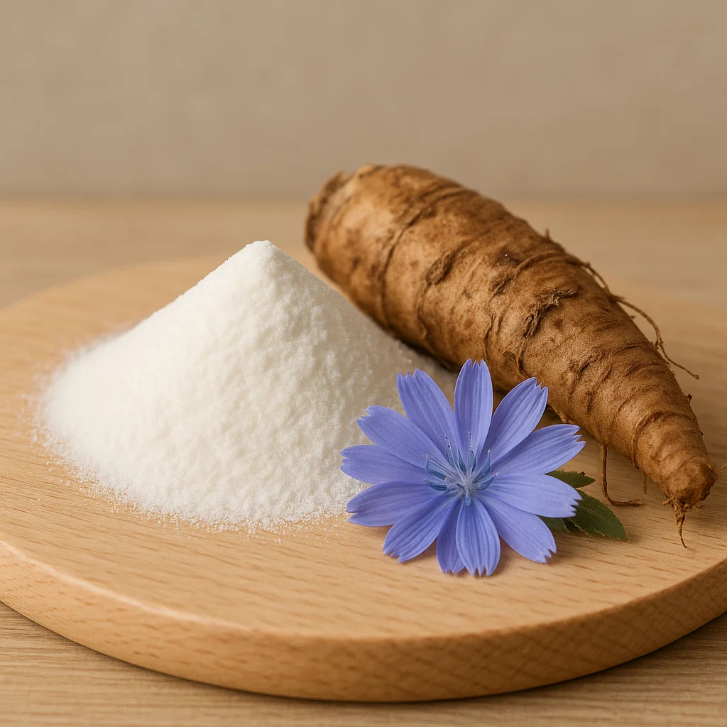 Raw chicory root and its purple flower next to a pile of white prebiotic chicory root inulin powder on a wooden board, used in Gelatide-1 for digestive health.