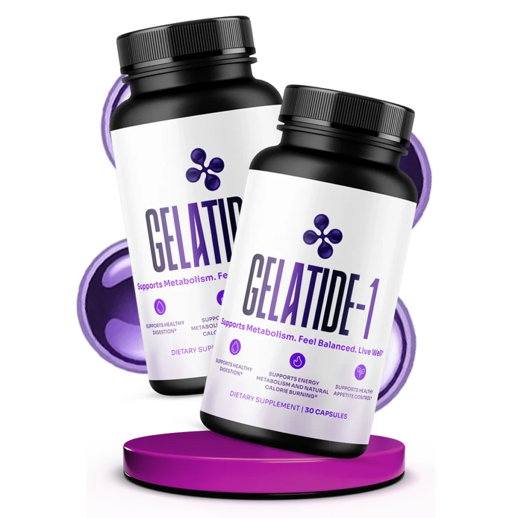 Gelatide-1 dietary supplement dropper bottle for healthy weight loss and metabolism support, prominently displayed next to the main headline.