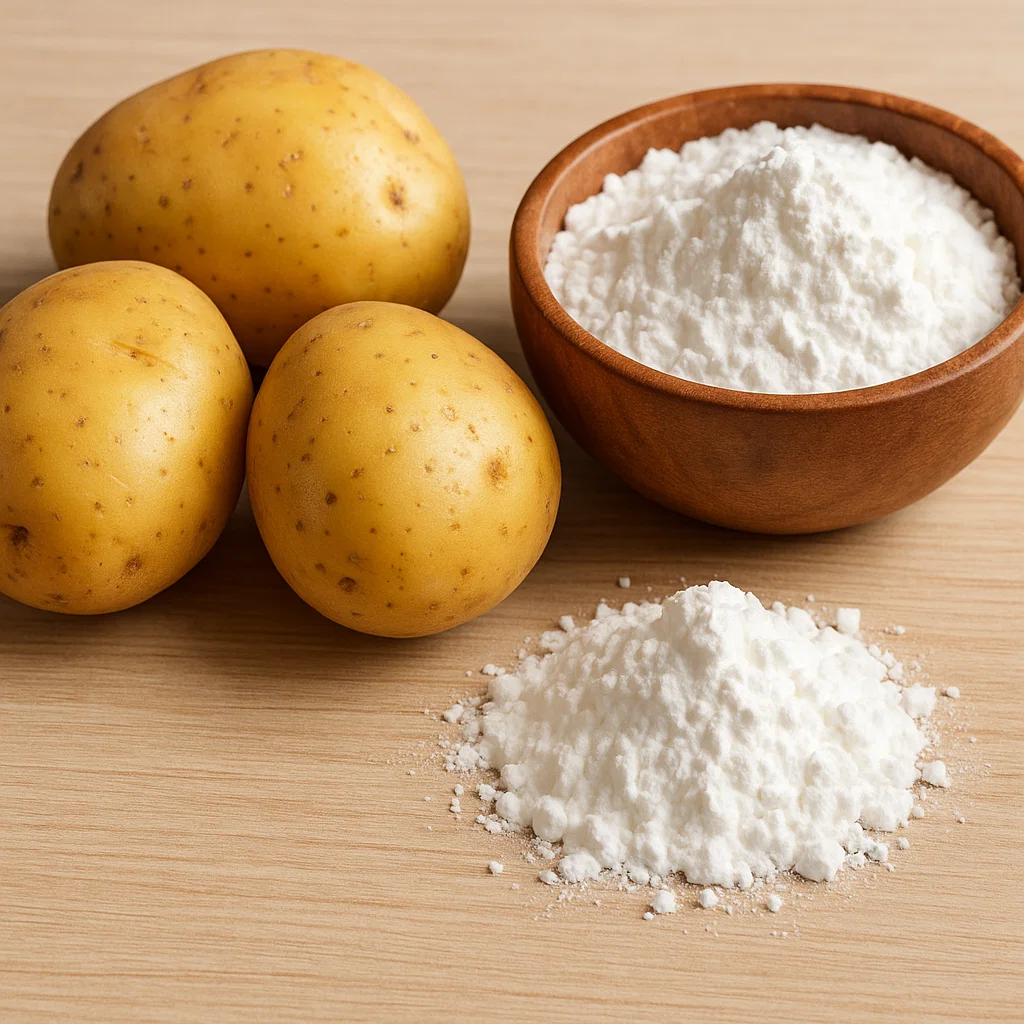Fresh whole potatoes next to a wooden bowl filled with white potato resistant starch powder, a metabolic booster ingredient in Gelatide-1.