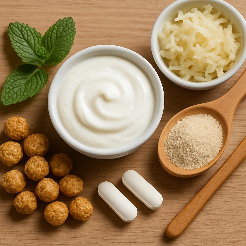 A top-down view of healthy foods like yogurt, kefir, and natural fiber ingredients next to capsules, representing the powerful Gelatide-1 probiotic blend.