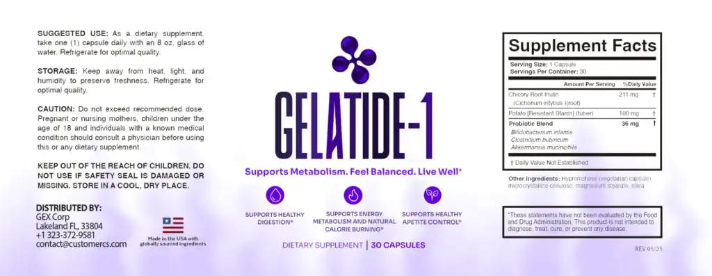 Full product label layout for Gelatide-1 dietary supplement showing the Supplement Facts panel, ingredients dosage, suggested use, and warning guidelines.