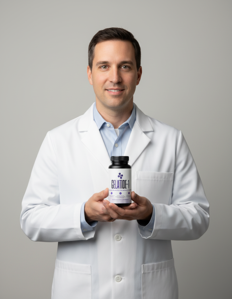 A male healthcare professional in a white lab coat smiling while holding a bottle of Gelatide-1 dietary supplement to showcase expert endorsement.